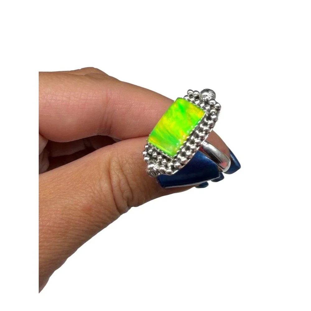 Aurora Fire Opal Ring Size 8 Solid 925 Sterling Silver Aura Lime Green
